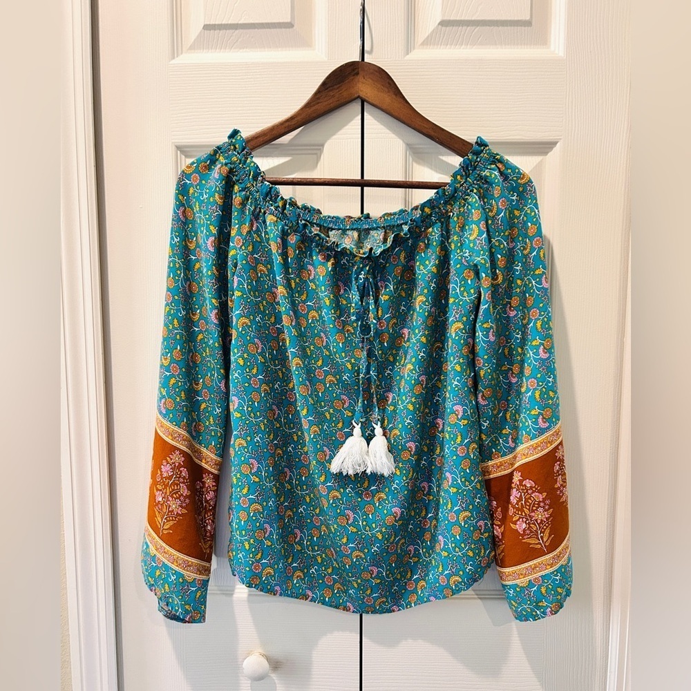 Boho Teal Floral Peasant Blouse Tassel Tie Rust Border Sleeves Size M - Picture 4 of 7